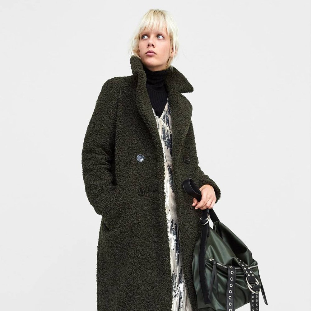 Zara Army Green Teddy Coat Size M